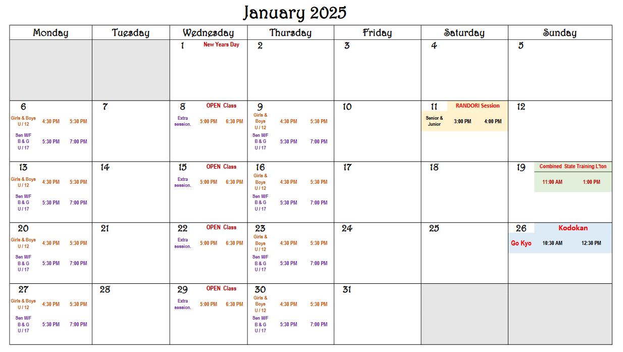 Class Schedule - January 2025 update