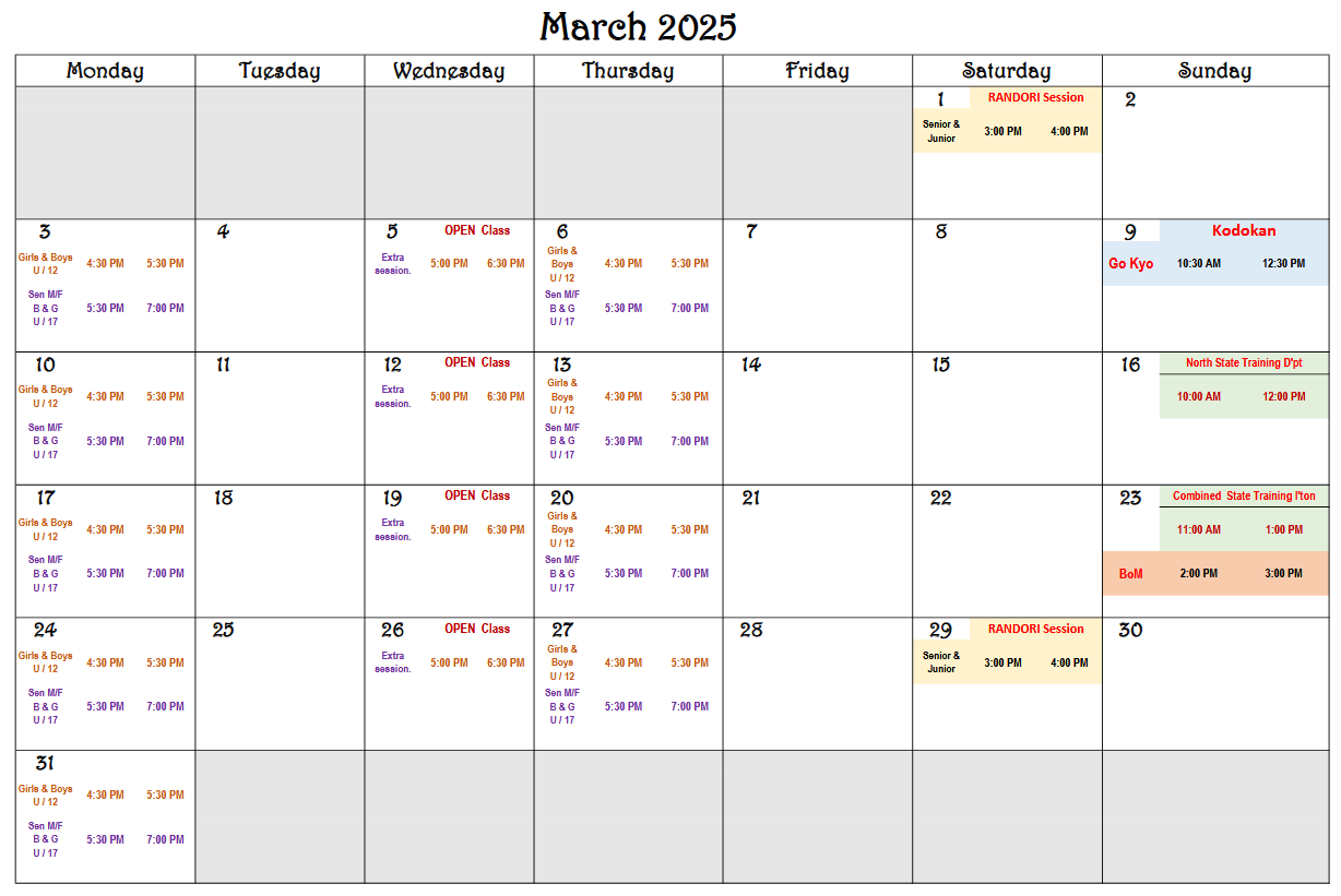 Ginkan Judo School Class Schedule - March 2025