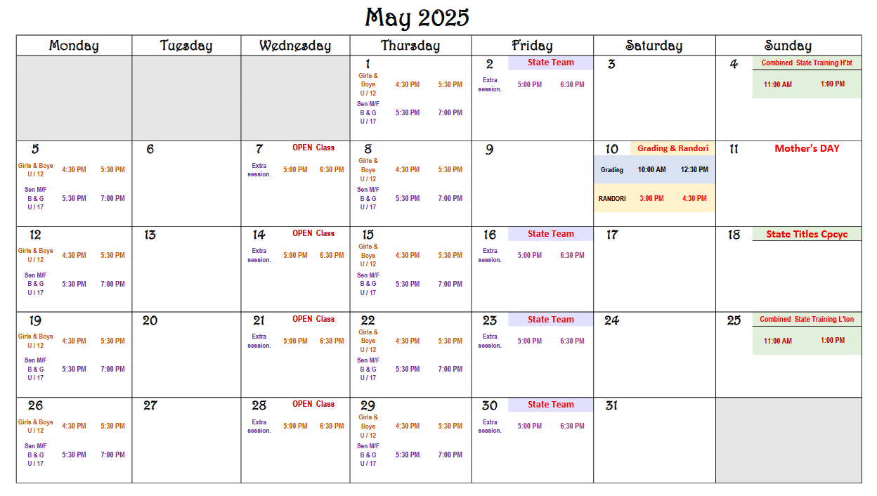 Class Schedule - May 2025